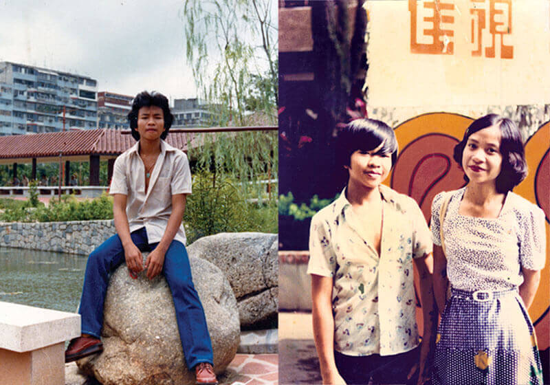 Left: Mr Chan in his teens, the day before his departure to the UK, Hong Kong, 1981
Right: Mr Chan with his sister in front of a Hong Kong TV station, Hong Kong, 1973
