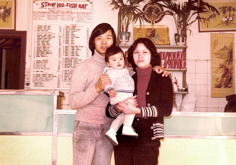 Mr and Mrs Liu in their first takeaway restaurant, Bristol, 1980